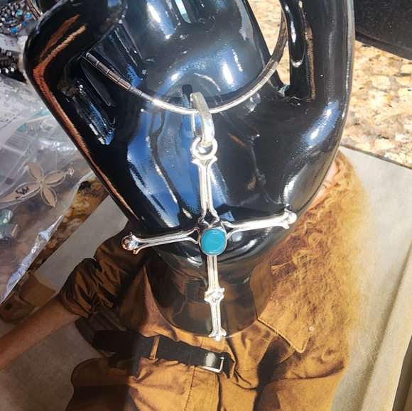 Taxco Silver Cross Necklace with Turquoise Center Stone - Picture 11 of 13